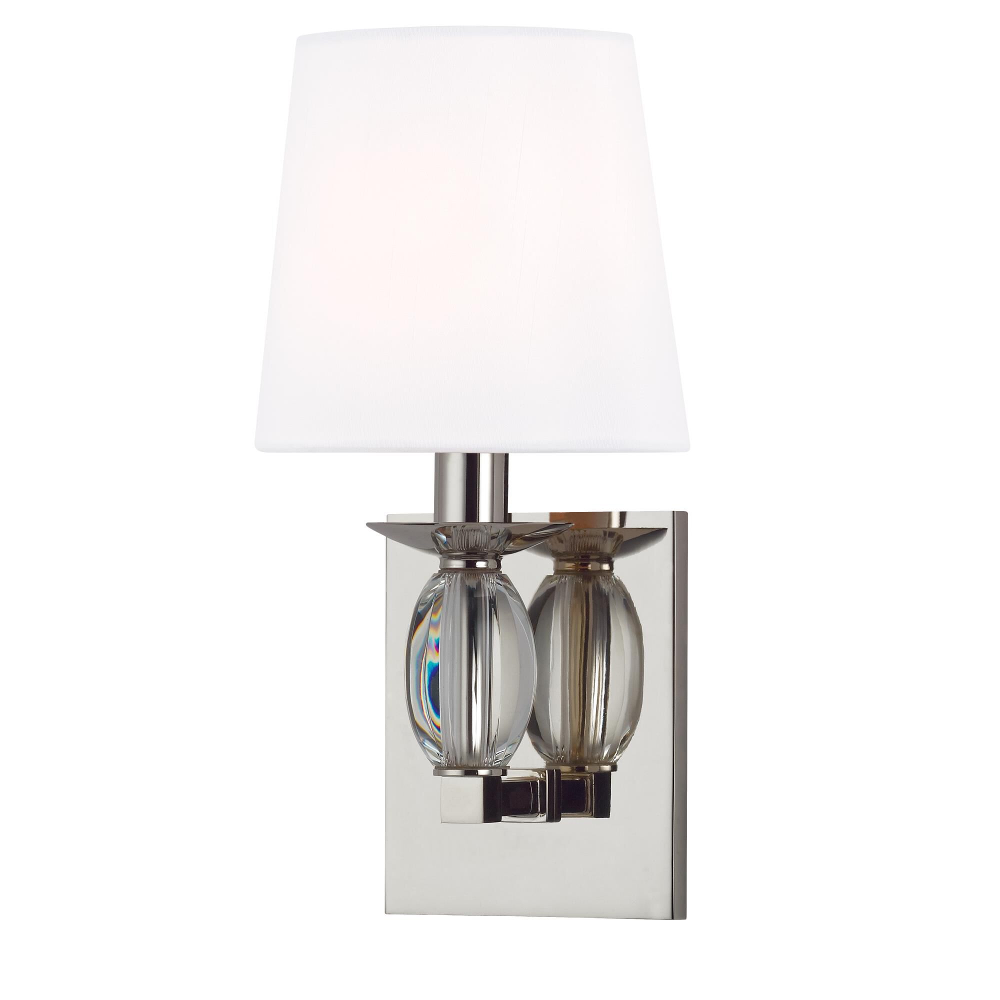 Shown in Polished Nickel finish and Clear Oblong crystal and White Faux Silk shade